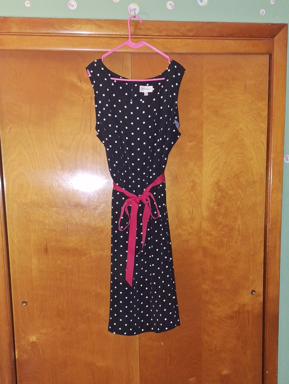 Studio I Black Polka Dot Midi Dress with Pink Belt
